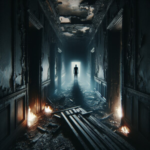 A charred hallway left in ruins by a fire, the darkness envelopi...