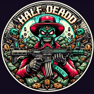 Create a professional, horror-themed circular brand logo featuri...