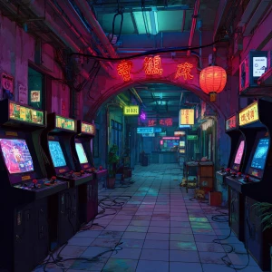 A vibrant neon-lit arcade hallway in a cyberpunk style, illustra...