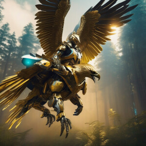 Futuristic robot is  riding a eagle above a dense forest  wearin...