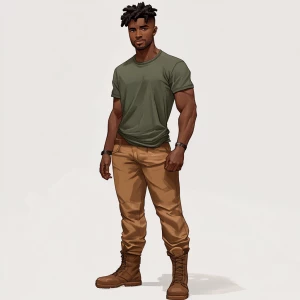 Create an image of a man of medium build with dark skin and shor...