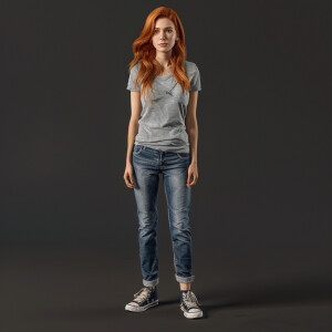 Create a photo-realistic image of a light ginger haired woman in...