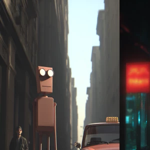 Street scene, cold colors, robot close-up, dim, doomsday feeling...
