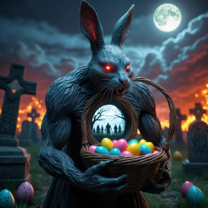 Epic cinematic shot of a terrifying Easter entity. A rabbit-like...