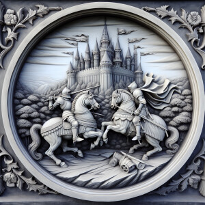 3d bas relief of Two knights jousting, round border