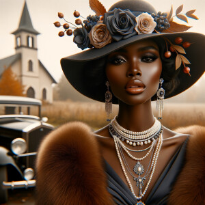 Create an image of a sophisticated woman with dark skin, wearing...