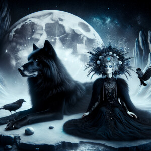 A Black Wolf seated beside an elegant goddess with the form of a...