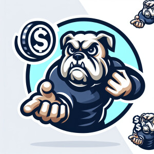 mad bulldog business logo flipping a coin with a dollar sign on...