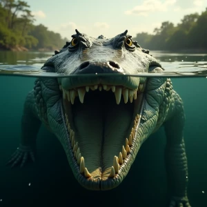 Ultra-realistic, dramatic frontal view of a massive crocodile with its jaws wide open, revealing rows of razor-sharp teeth. The camera is half-submerged, perfectly splitting the image—above the waterline, the crocodile’s intense, piercing eyes stare directly ahead, with water droplets on its rough, scaly skin. Below the waterline, its powerful open mouth is fully visible, showing sharp teeth and a dark throat, with tiny air bubbles escaping. The waterline is sharply defined, creating a split view of the murky underwater world and the bright, natural riverbank scenery above. Sunlight refracts through the water, casting a cinematic glow. Highly detailed, National Geographic photography style, 8K resolution, hyper-realistic textures, dramatic lighting, intense and suspenseful atmosphere."