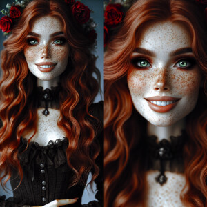 A beautiful lady, pale skin, freckles, long red wavy hair, colou...