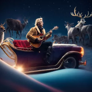Blonde male rockstar playing guitar in a classic car transformed...