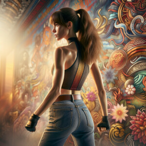 Athletic Thin skinny Attractive, Asian teenage girl, long brown hair and bangs, wearing tight skinny jeans and a halter top paint marks on her clothing, heroic pose Asian graffiti background, backside view