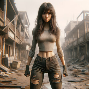 Skinny and thin Asian teen girl wearing skin tight jeans that are worn and frayed, long hair and bangs heroic ready to fight stance