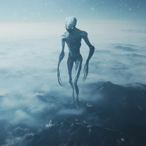 A surreal alien hybrid captured in an aerial perspective, hoveri...