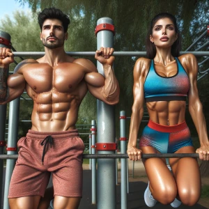 Two athletes, a man and a woman, performing pull-ups on adjacent...