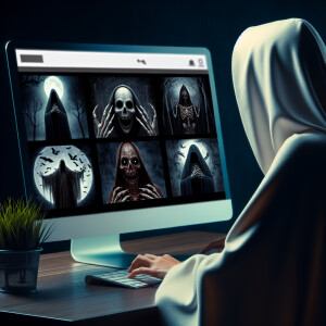 a mysterious  cloaked female using the computer to search for AI...