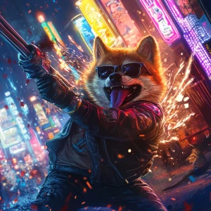 DOGE MEME wearing sunglasses and a leather jacket, mid-swing wit...