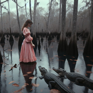 a young child in close proximity to three alligators in a swampy...