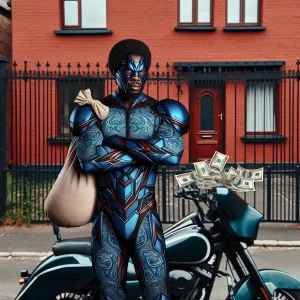 Afrocentric ironMan, clad in a all blue armor suit adorned with a paisley pattern, stands confidently with a bag of money in each hand, surrounded by scattered dollar bills at his feet. He is leaning casually on a motorcycle. Behind him, there's a red brick apartment complex, secured by an elegant black wrought iron gate.