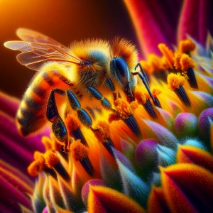 A detailed shot of a honeybee gathering pollen from a brightly c...