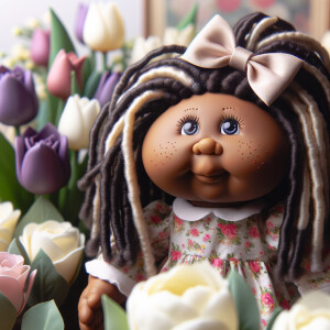 African-American cabbage patch doll with huge dimples,
Her hair...