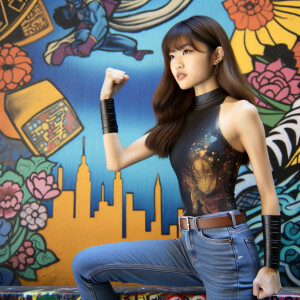 Very thin Athletic Thin skinny Attractive, Asian teenage girl, long brown hair and bangs, wearing tight skinny jeans and a halter top paint marks on her clothing, sitting side view heroic pose Asian graffiti