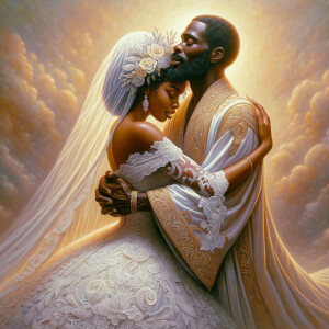 Imagine a hyper-realistic oil painting that captures a tender moment between theAfrican American bride and her God. The setting is intimate and filled with soft, warm lighting that enhances the emotional depth of the scene. The bride, in herexquisite wedding gown, shares a heartfelt embrace with her african-American Lord Jesus , who is dressedin an elegant outfit that complements the wedding's color scheme. Their expressions are full of love, pride, and joy, reflecting the special bond between them. Theattention to detail is paramount, from the intricate designs of their dresses to the subtle emotions conveyed in their facial expressions. The background is a blur ofgentle pastel hues, ensuring that the focus remains on this touching moment. Thispainting should convey the warmth, love, and depth of the relationship, with the rich textures and vibrant strokes characteristic of oil paintings, capturing the essence of this significant pre-wedding moment.