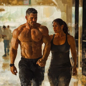 Digital ,painting.A man  muscular beefy sweat walking with his...