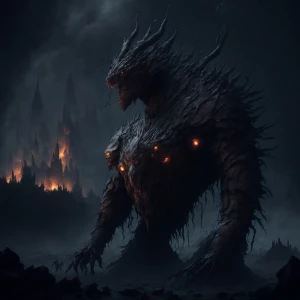 "Emerging from the depths, an enormous, menacing kaiju towers ov...