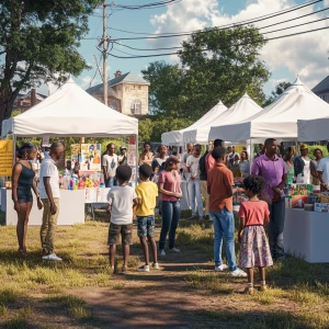 Panoramic outdoor scene featuring a group of black community and church leaders along with boys and girls, standing in clusters of three to five. Individuals are positioned near three tents and three booths, with the image captured in high-definition 8k resolution, showcasing crisp details and realistic lighting.