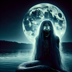 A scary mermaid sings at midnight on the shore of the lake