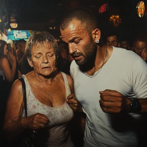 Hyperrealism,a muscular beefy sweaty man,walking entering in a...