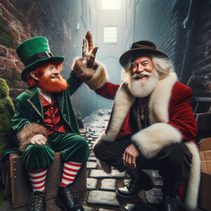 Santa Claus high fiving a tiny leprechaun in the alley