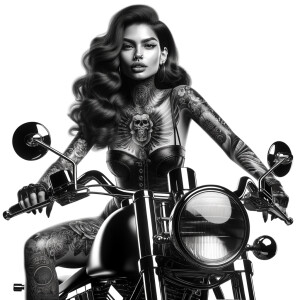 Creat a masterpiece of a beautiful purter rican woman with tattoos sitting on a shiny black Harley Davidson