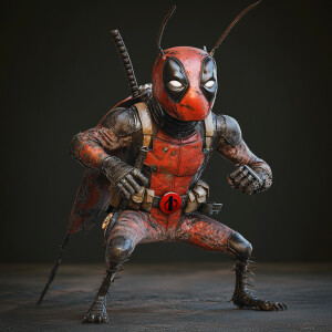 An anthropomorphic roach   dressed in a fitted Deadpool costume,...