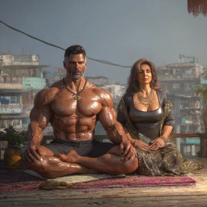 Hyperrealistic image..A man muscular beefy sweaty doinga yoga si...