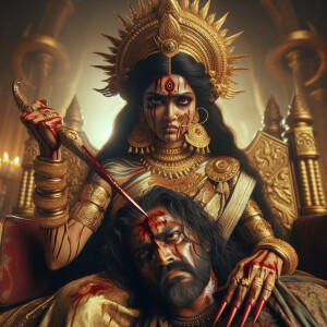 portrait of extremely angry looking goddess durga cosplayer sitting on a gold crown and carrying a weak mahishasur on her lap and poking him with her amazingly long red fingernails. She is wearing gold armor, a huge gold crown, gold saree, abundant  gold jewelry, covered in blood. The scene is set in ancient India. The image is 8K resolution, cinematic, photography, ultra detailed face and epic.