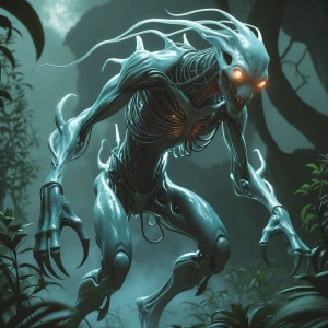 "In the eerie glow of an alien world, a terrifying creature prow...