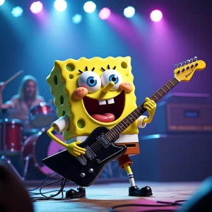 SpongeBob SquarePants performing on an electric guitar at a conc...