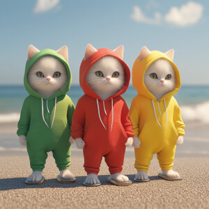 Three small antrophomorpic cream kittens 3d wearing red, yellow...