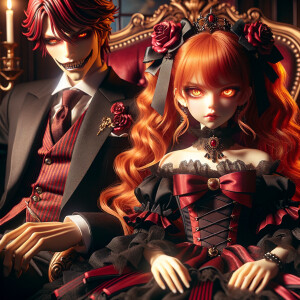 Lilith as a girl with elegant gothic lolita dress sit on the lap...