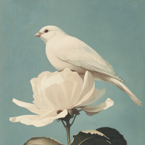 Una paloma blanca sentada en una flor y la frase en español 'Dio...