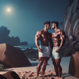 Two muscular bodybuilders, shirtless and wearing white swim trun...