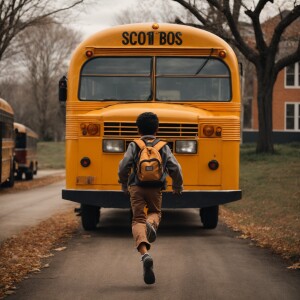 A young boy sprinting towards a school bus in the morning, backp...