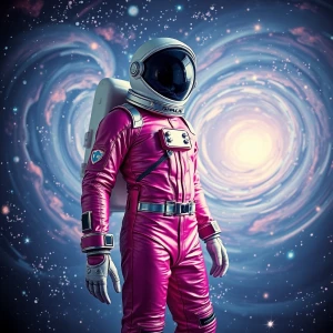 A futuristic astronaut in a sleek magenta spacesuit stands amids...