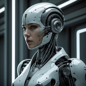 Design a sophisticated cyborg with a sleek, metallic body integr...