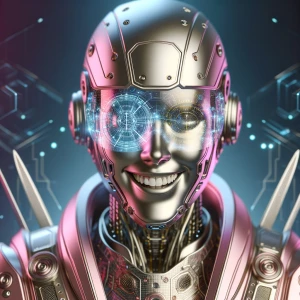solo faceless female, crazy smile, full body, pink armor, helmet