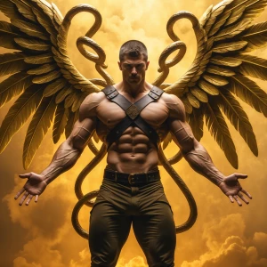 Create an image featuring a male figure with a muscular build, w...