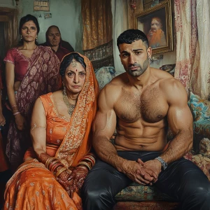 Realistic art 1:1, a muscular sweaty man with a well-built physi...