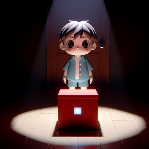 A child in a dark room in front of a strange big red box